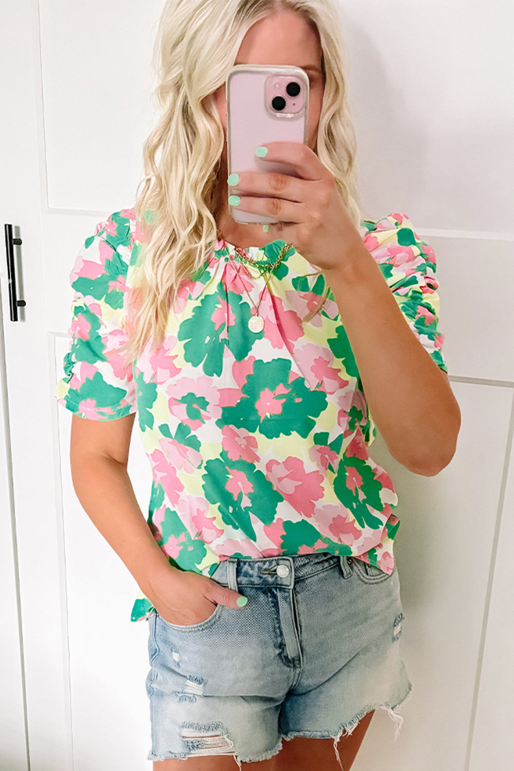 Green Abstract Print Frilly Neck Ruched Short Sleeve Blouse eAura