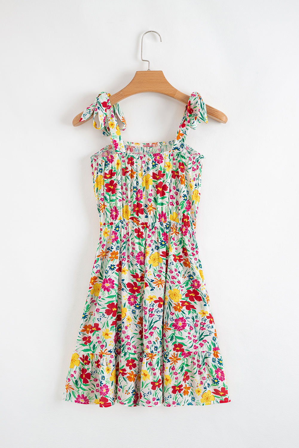 Floral Knotted Straps Cinched Waist Ruffle Hem Mini Dress eAura