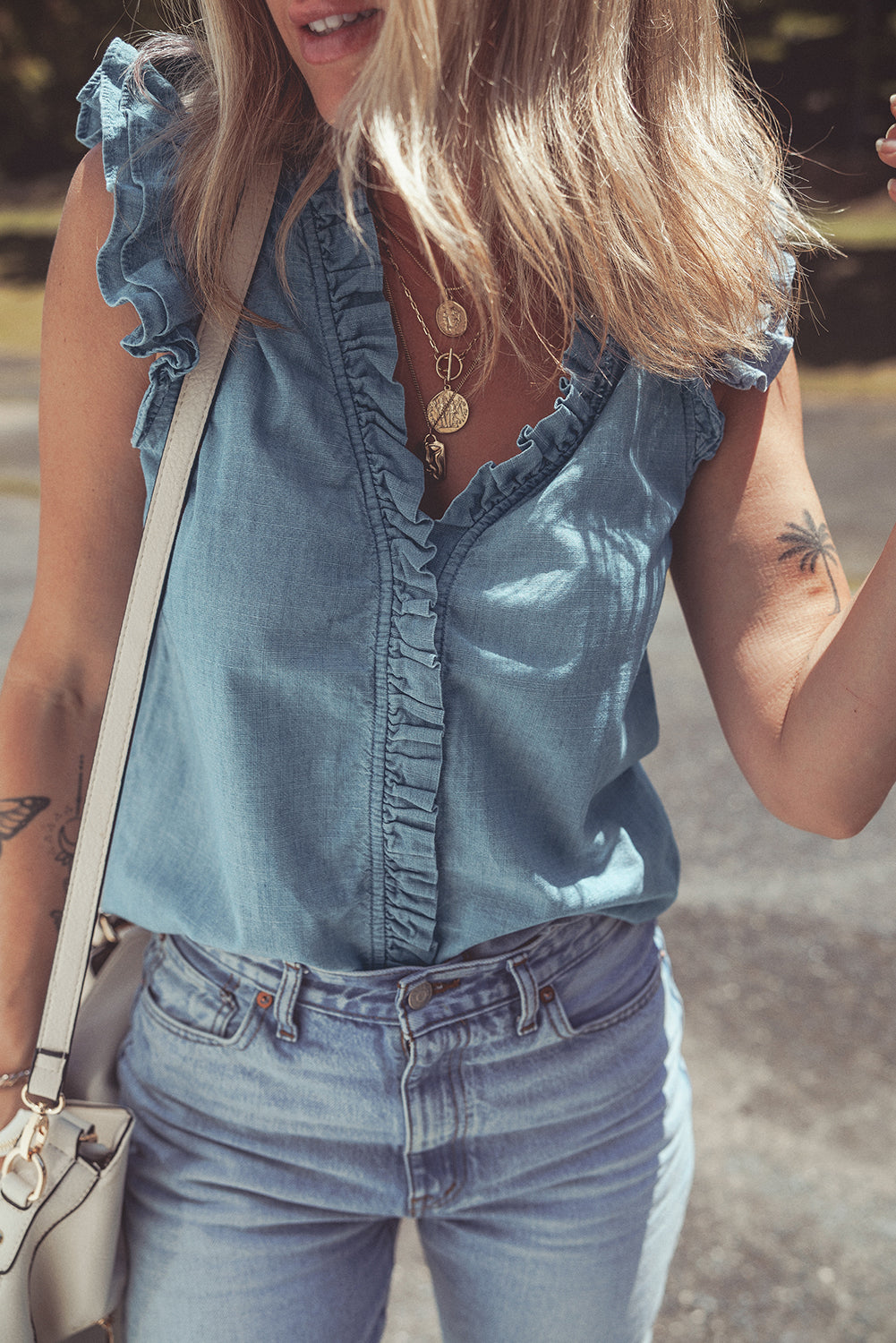 Beau Blue Frilly Ruffle Trim V Neck Chambray Tank Top eAura