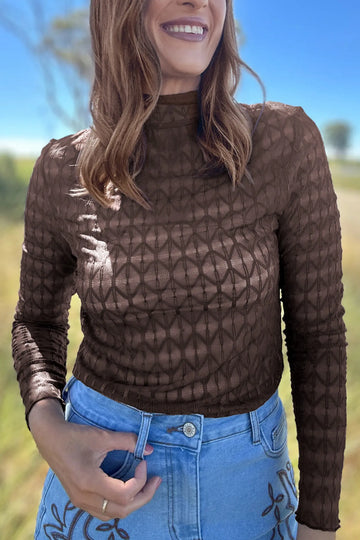 Sheer Textured Lace Stand Neck Long Sleeve Top – Chicory Coffee