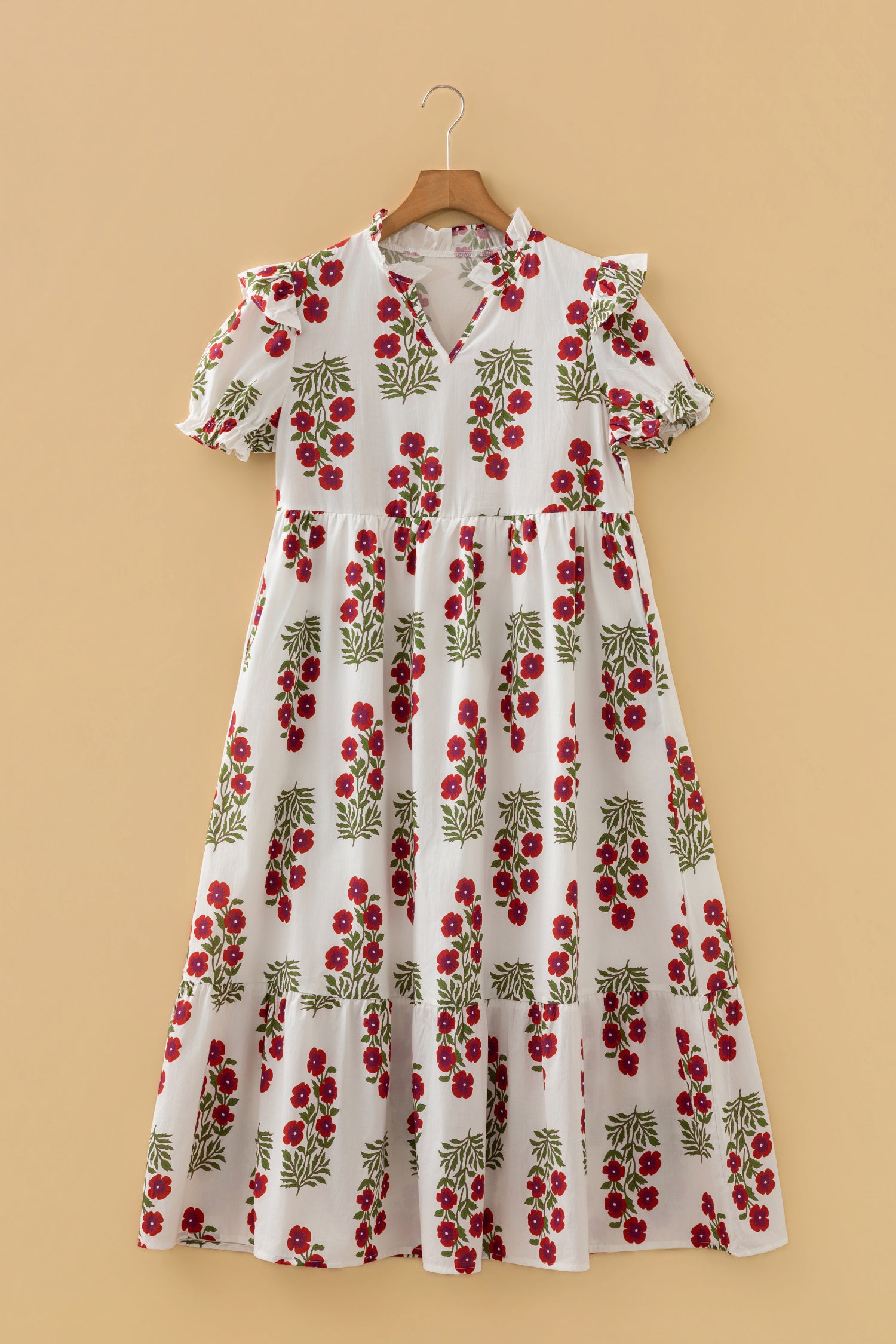 White Floral Print V-Neck 3/4 Sleeve Loose Mini Dress