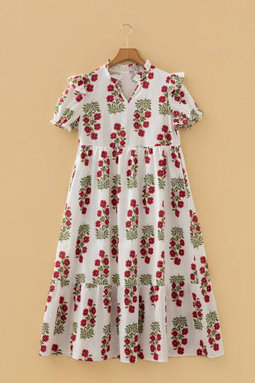 White Floral Print V-Neck 3/4 Sleeve Loose Mini Dress