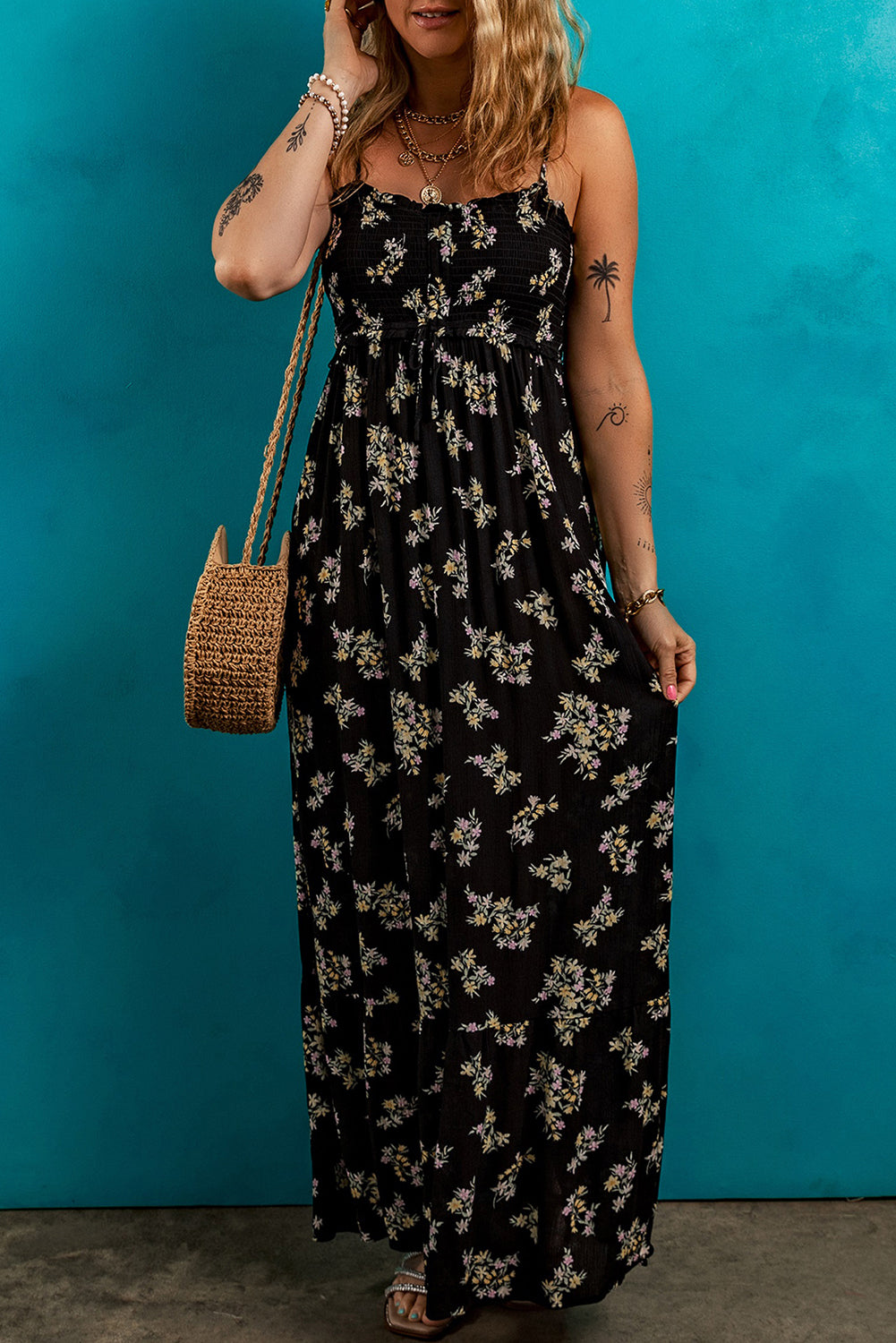 Black Floral Spaghetti Strap Shirred Bodice Tied Empire Waist Maxi Dress eAura