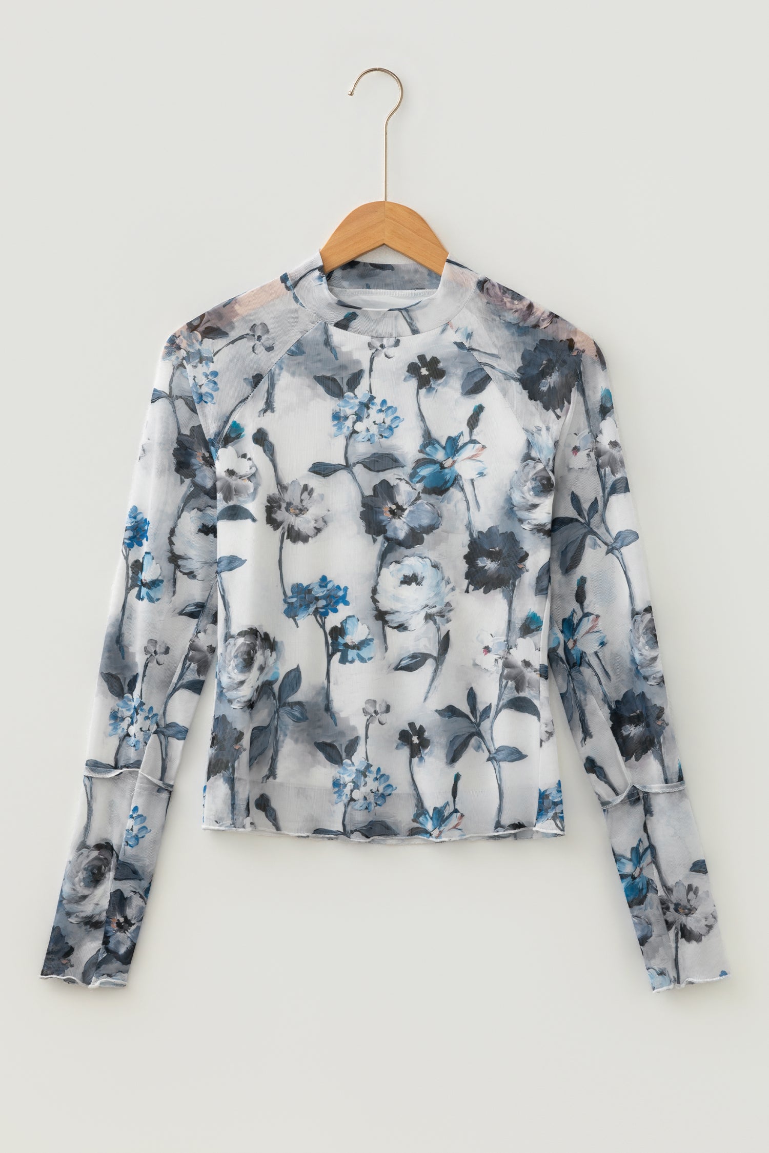Sky Blue Floral Mesh High Neck Long Sleeve Sheath Top – Light Blue
