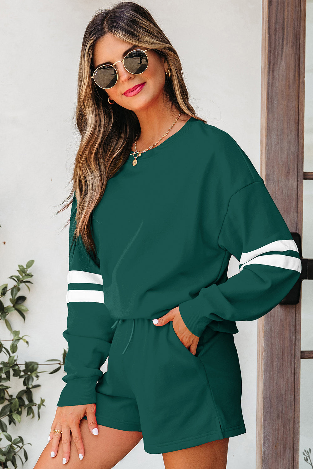 Varsity Striped Sleeve Drop Shoulder Sweatshirt and Shorts Co-ord Set eAura