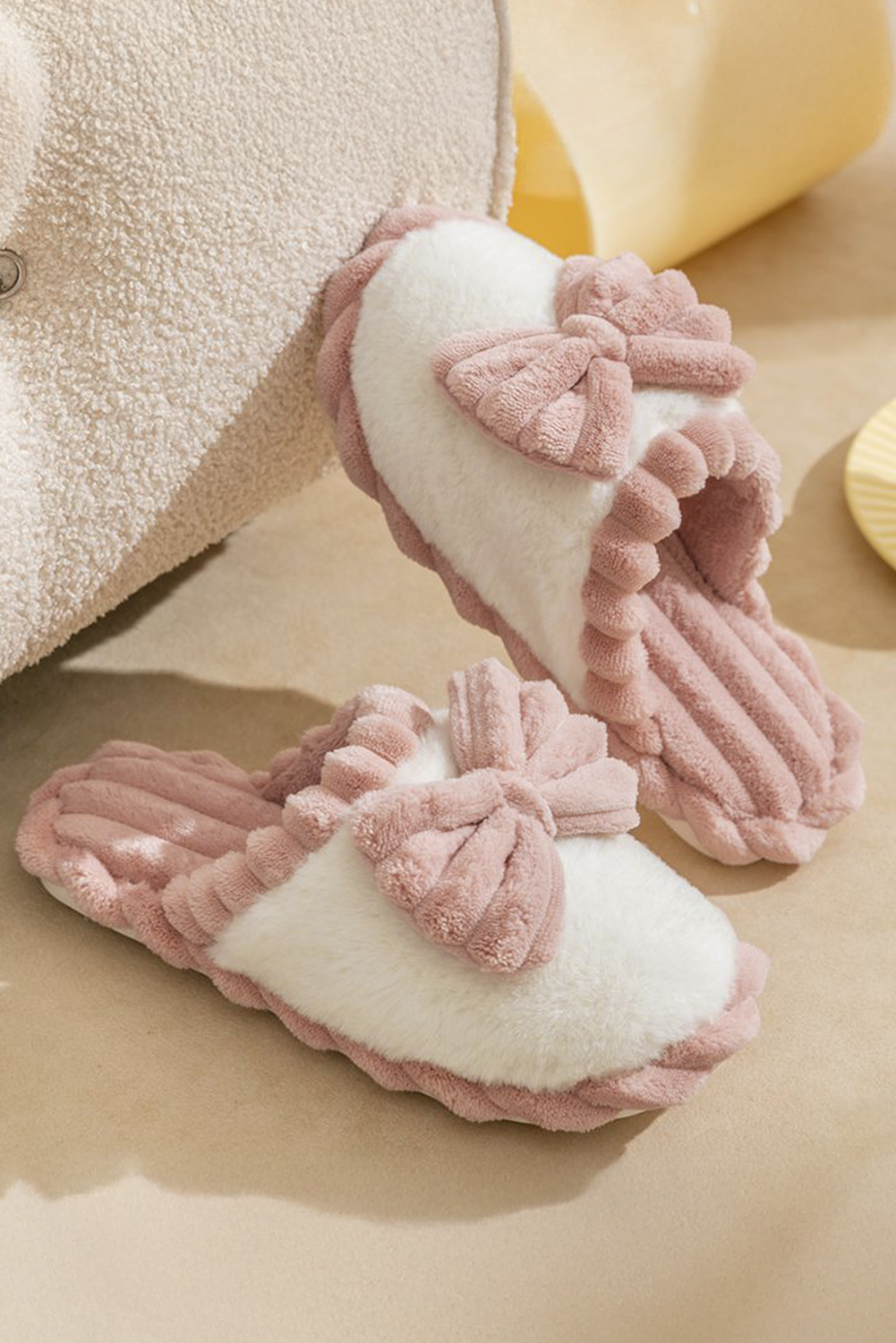 Bow Decor Rib Plush Slippers - eAura