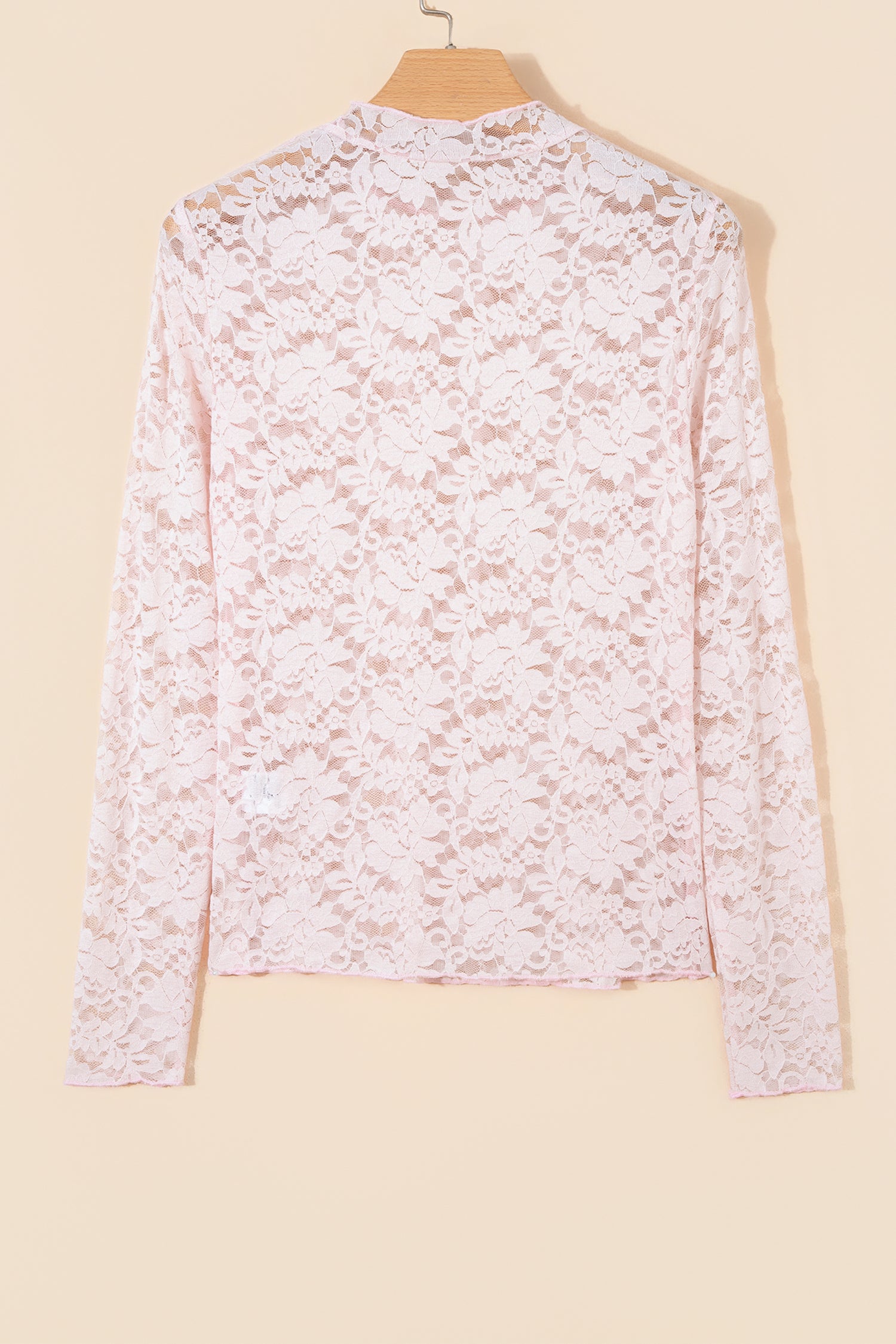 Floral Lace Long Sleeve Stand Neck Pullover Top – Light Pink