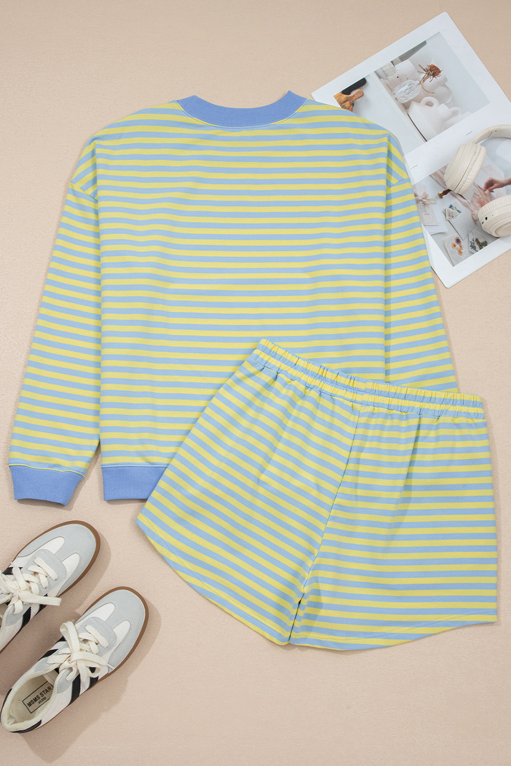 Color Block Detail Long Sleeve Pullover Elastic Waist Pull On Shorts 2pcs Set – Yellow Stripe