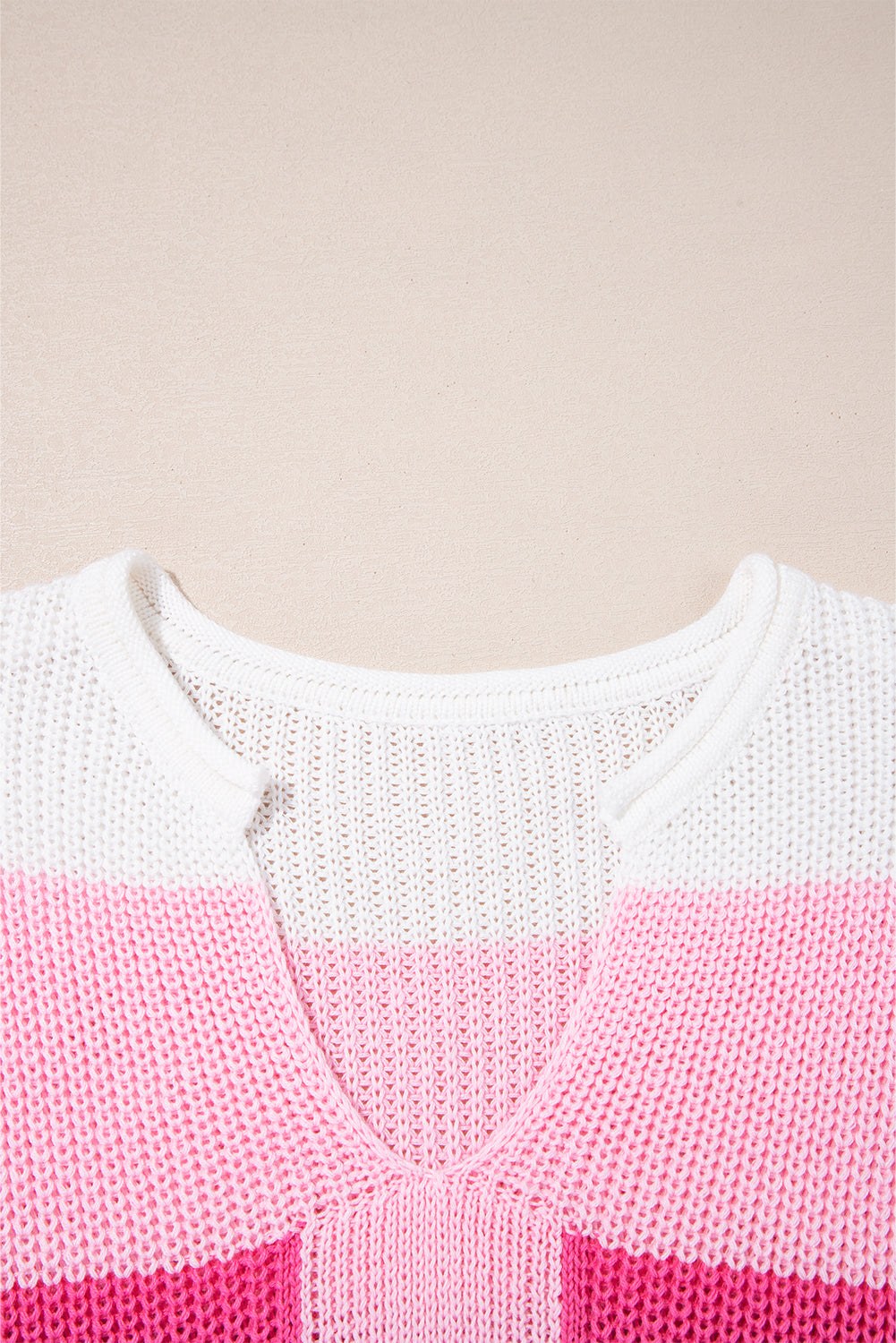 Pink Color Block Notch V Neck Sweater T Shirt eAura