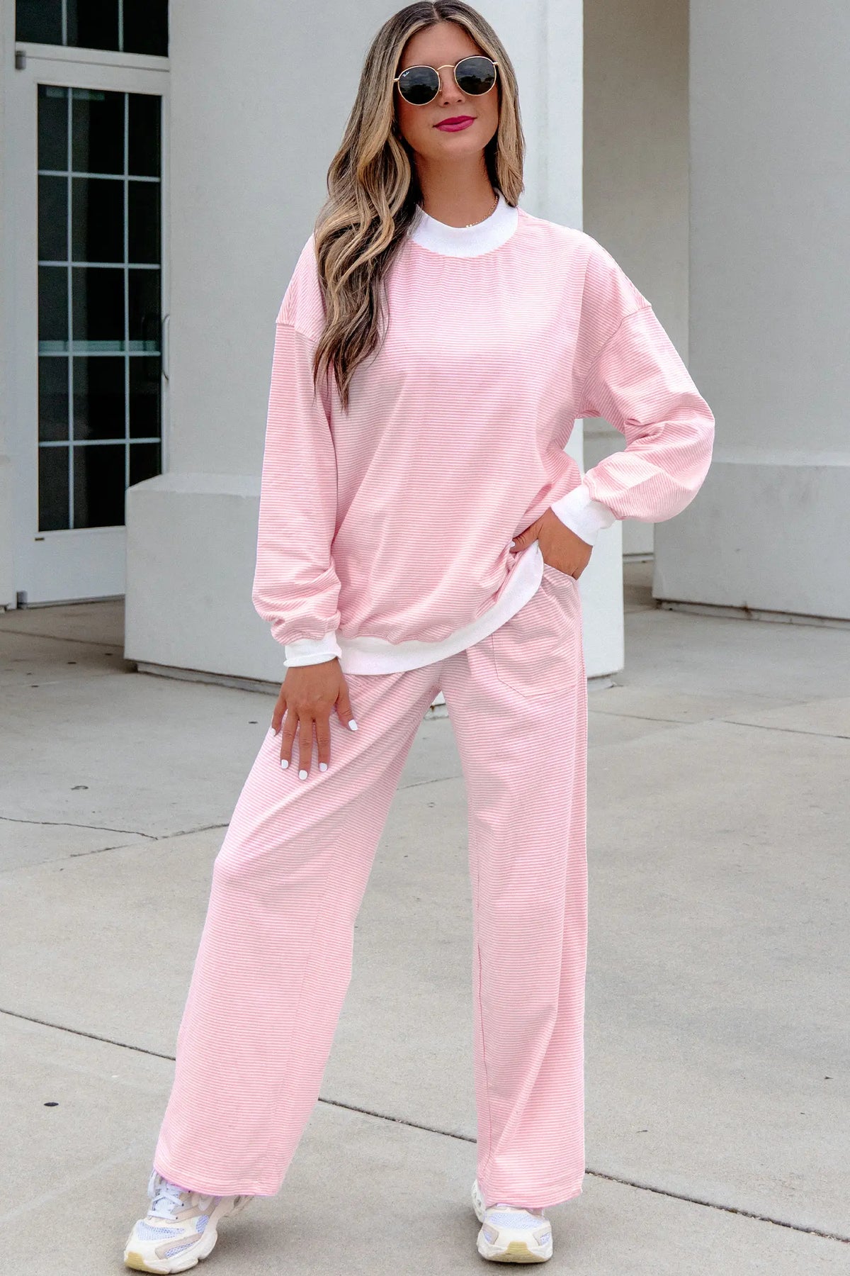 Colour Block Trim Mock Neck Pullover Drawstring Pants Casual Outfit – Pink Stripe