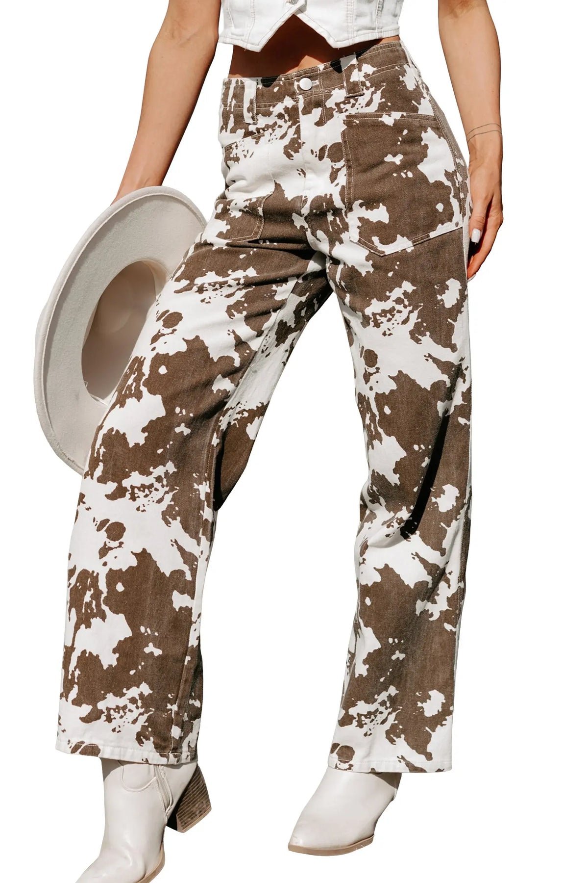 Abstract Pattern Regular Fit Full-Length Western Style Jeans – Brown