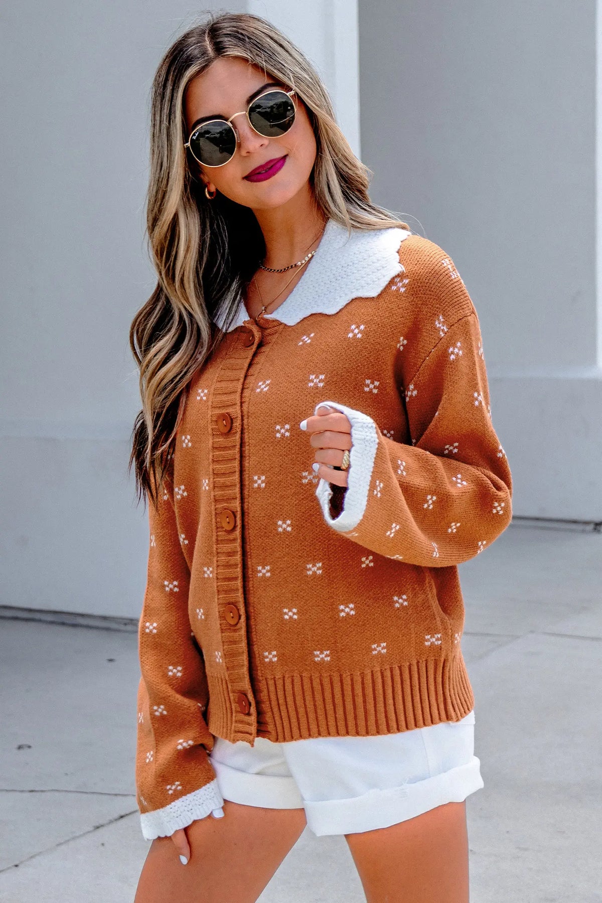 Peter Pan Collar Colourblock Long Sleeve Knitwear Cardigan – Russet Orange