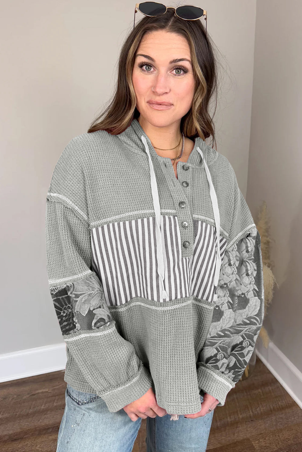 Grey Mixed Pattern Waffle Knit Patchwork Half Buttons Plus Hooded Top eAura