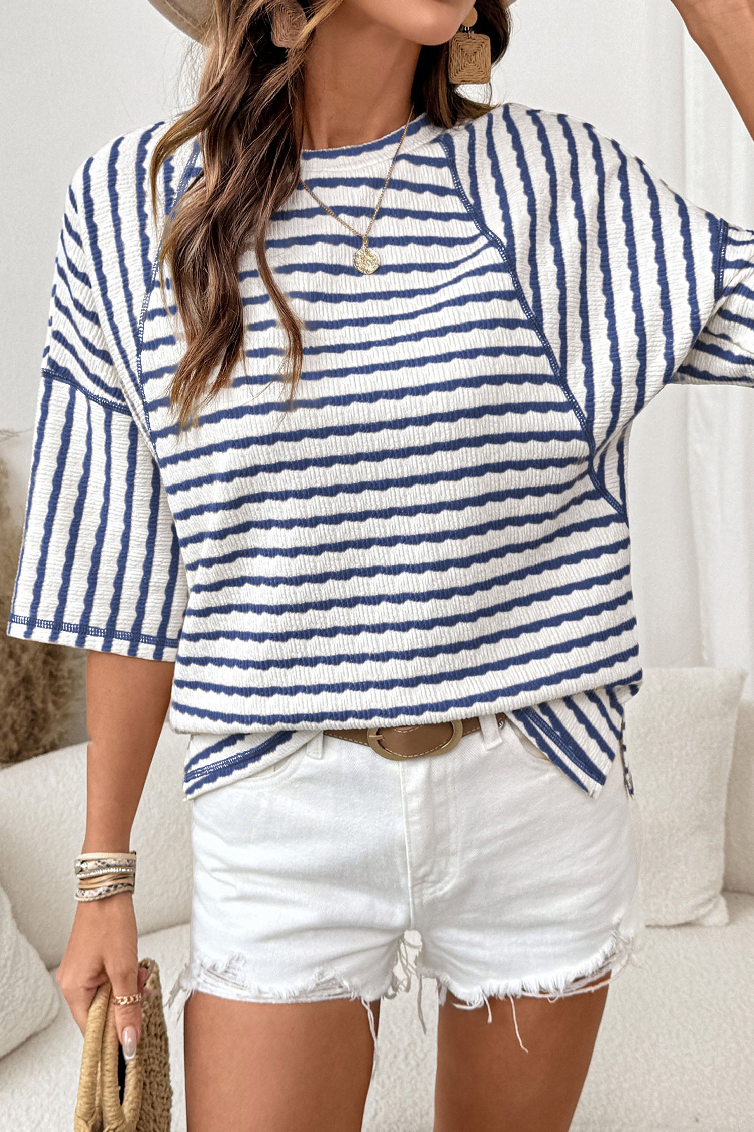 Striped Textured Knit Split Hem Half Sleeve Loose Top