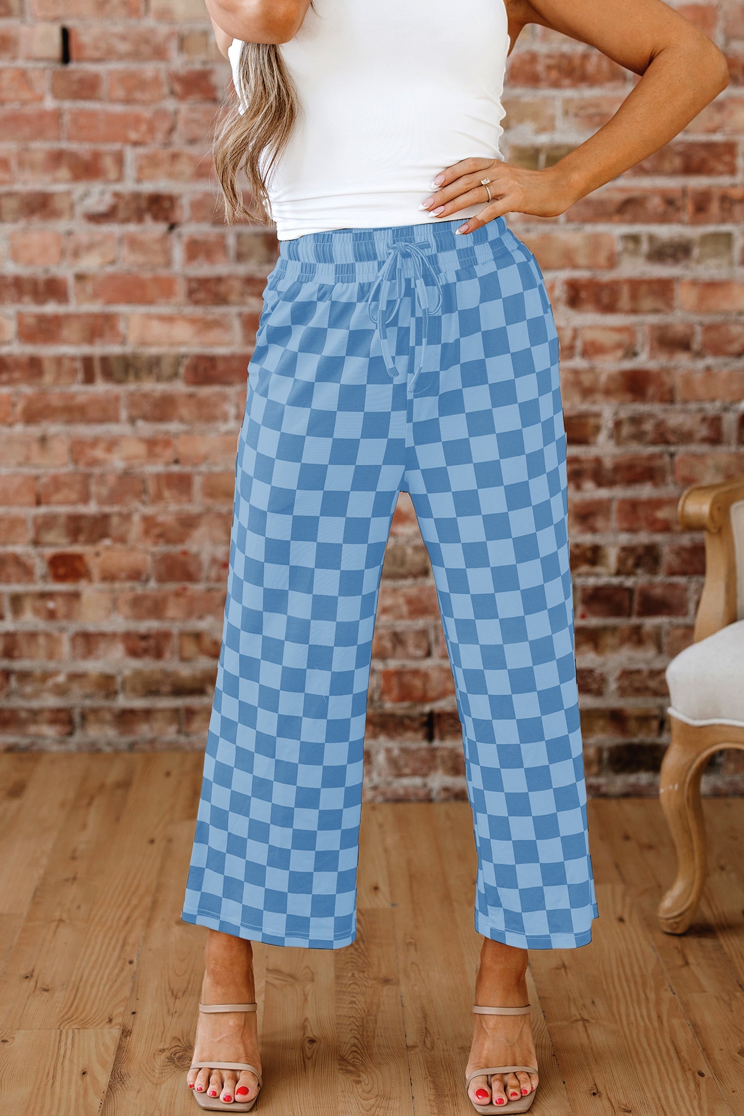 Checkered Elastic High Waist Loose Casual Trousers - Bottoms/Pants & Culotte