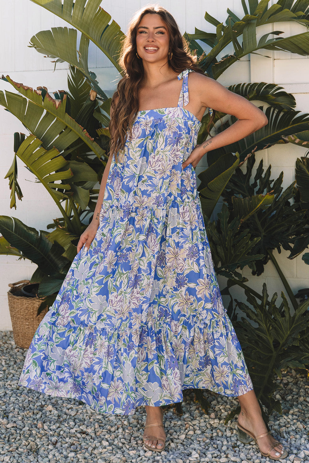 Sky Blue Floral Print Self-tie Straps Flowy Ruffle Long Dress eAura