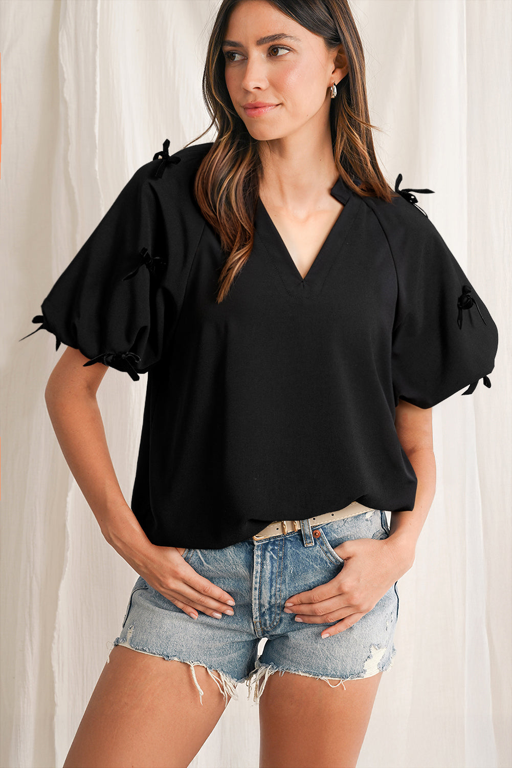 Black Bow Decor Puff Sleeve Split Neck Blouse eAura
