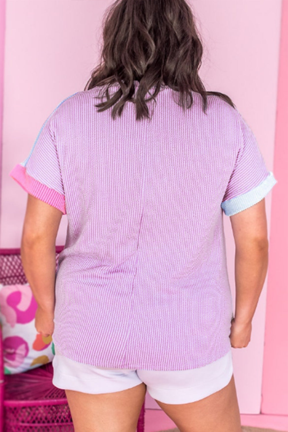 Rose Red Leopard Colourblock Patchwork Ribbed Knit Plus Size T Shirt - Size/Plus Tops/Plus Tops & Tees