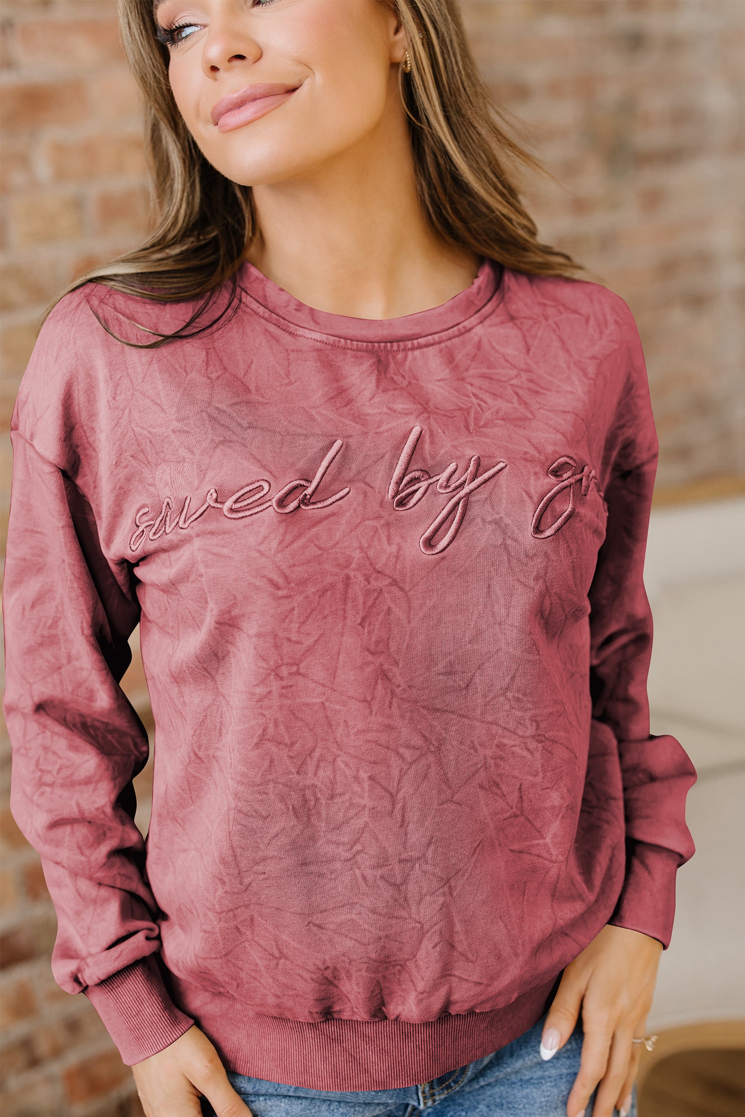 ’Saved By Grace’ Letter Embroidery Mineral Wash Loose Sweatshirt - Tops/Sweatshirts & Hoodies