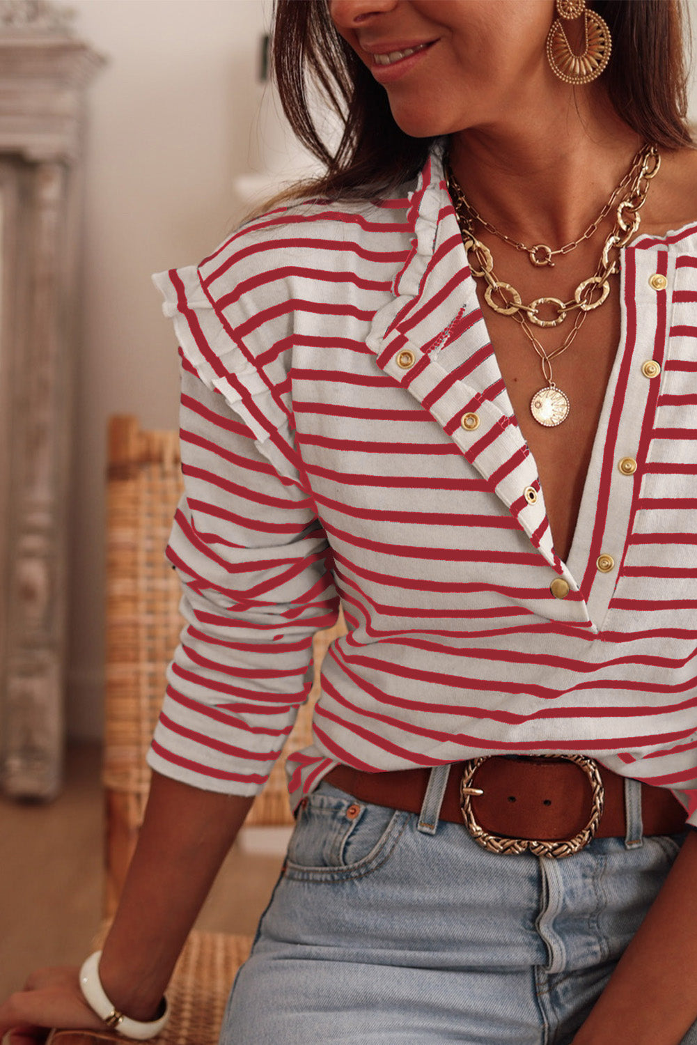 Black Striped Print Ruffled Buttoned Long Sleeve Top eAura