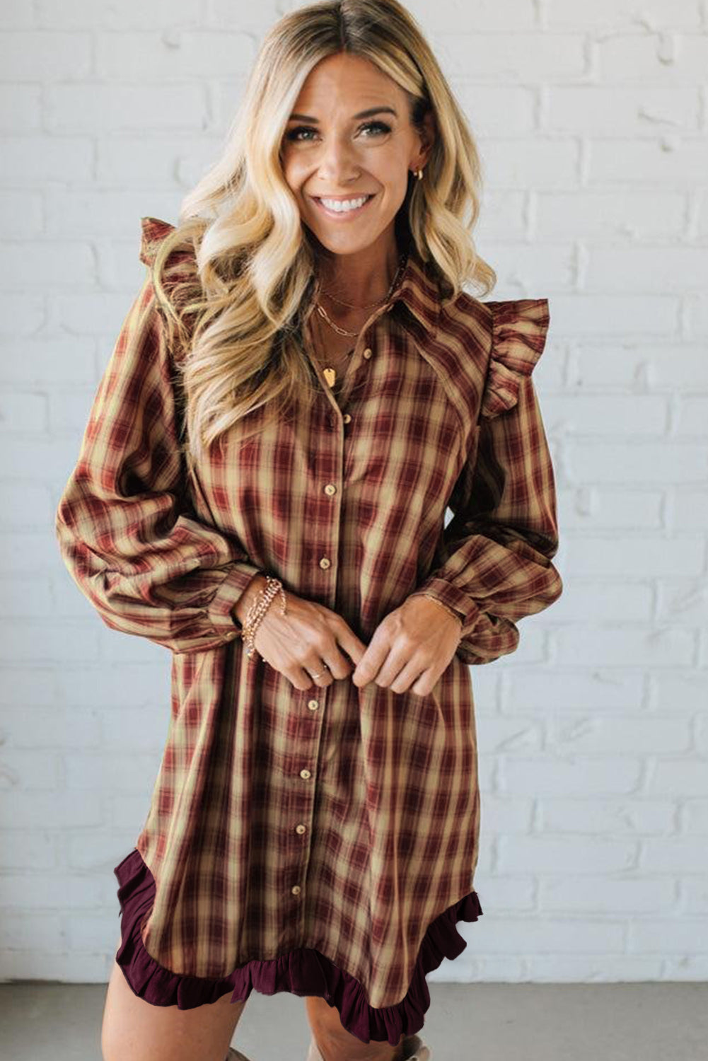 Plaid Print Ruffled Long Sleeve Hem Mini Shirt Dress - eAura