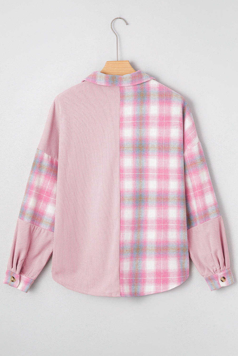 Pink Brushed Plaid Ribbed Flap Pockets Patchwork Shacket eAura