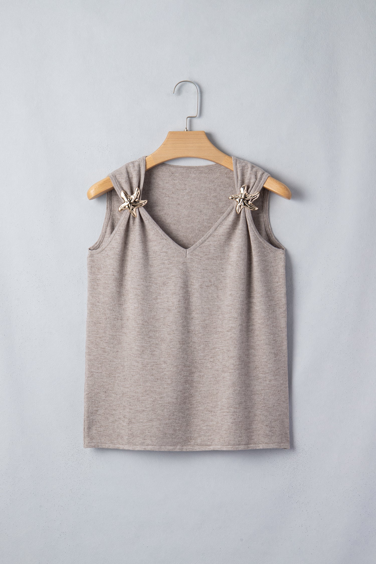 Taupe Metallic Star Detail V-Neck Sweater Knit Tank Top
