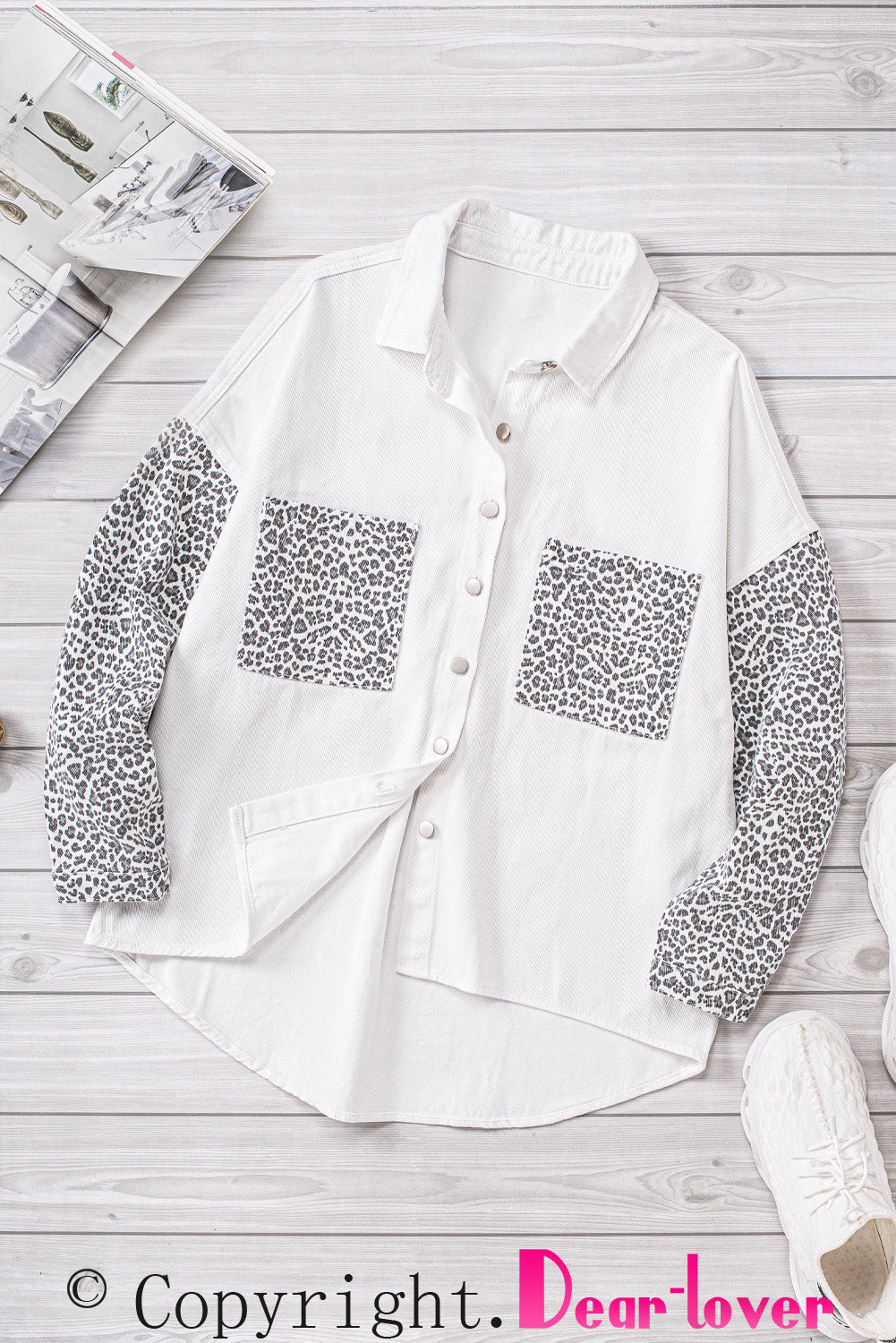 White Contrast Leopard Denim Jacket eAura