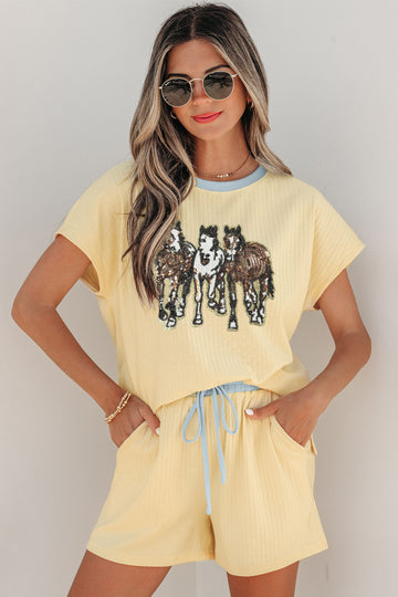 Cream Ribbed Knit Two Piece Set Sequin Horse Patched Casual Short Set – Yellow