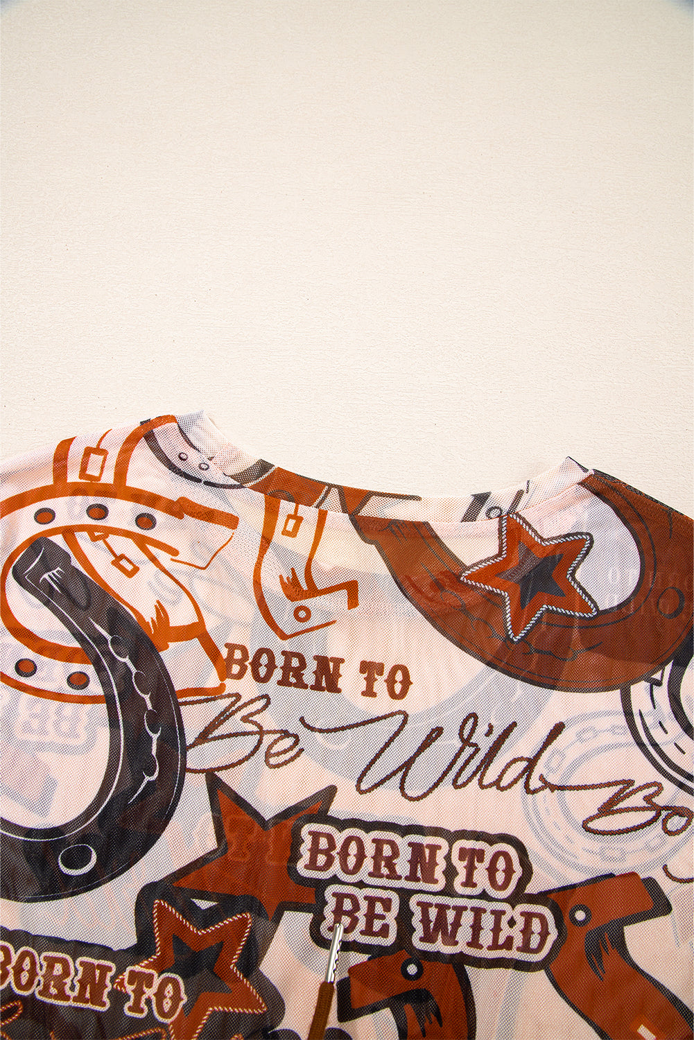 Brown Western Horseshoe Printed Mesh T Shirt eAura