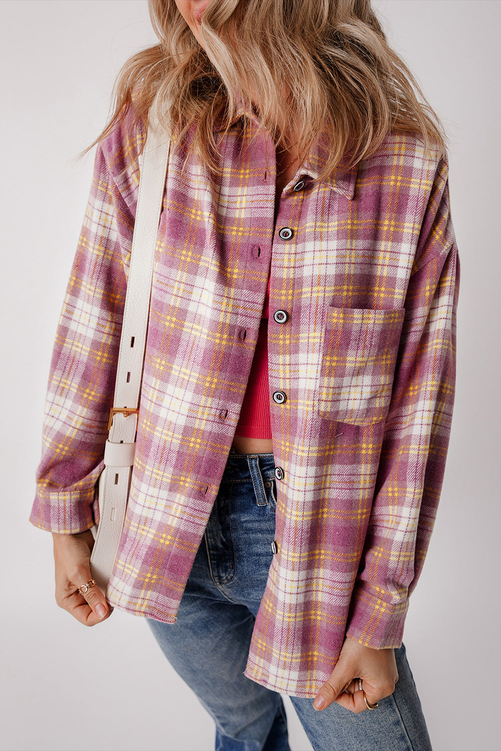 Pink Plaid Print Chest Pocket Long Sleeve Shacket Beagle Boutique Fashion Outlet
