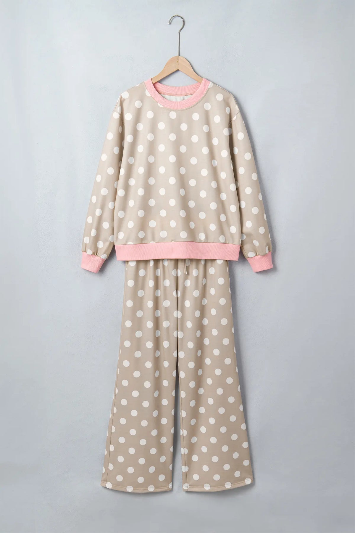 Polka Dot Contrast Trim Long Sleeve Top Drawstring Shift Pants Set – Khaki
