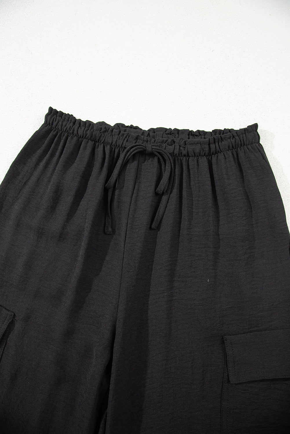 Black Drawstring Frilled Waist Wide Leg Utility Trousers Lightweight eAura