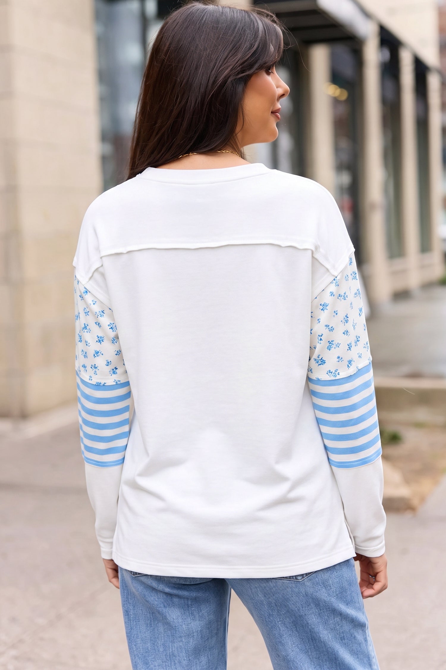 Floral Striped Long Sleeve Contrasted Pullover Top – Beige