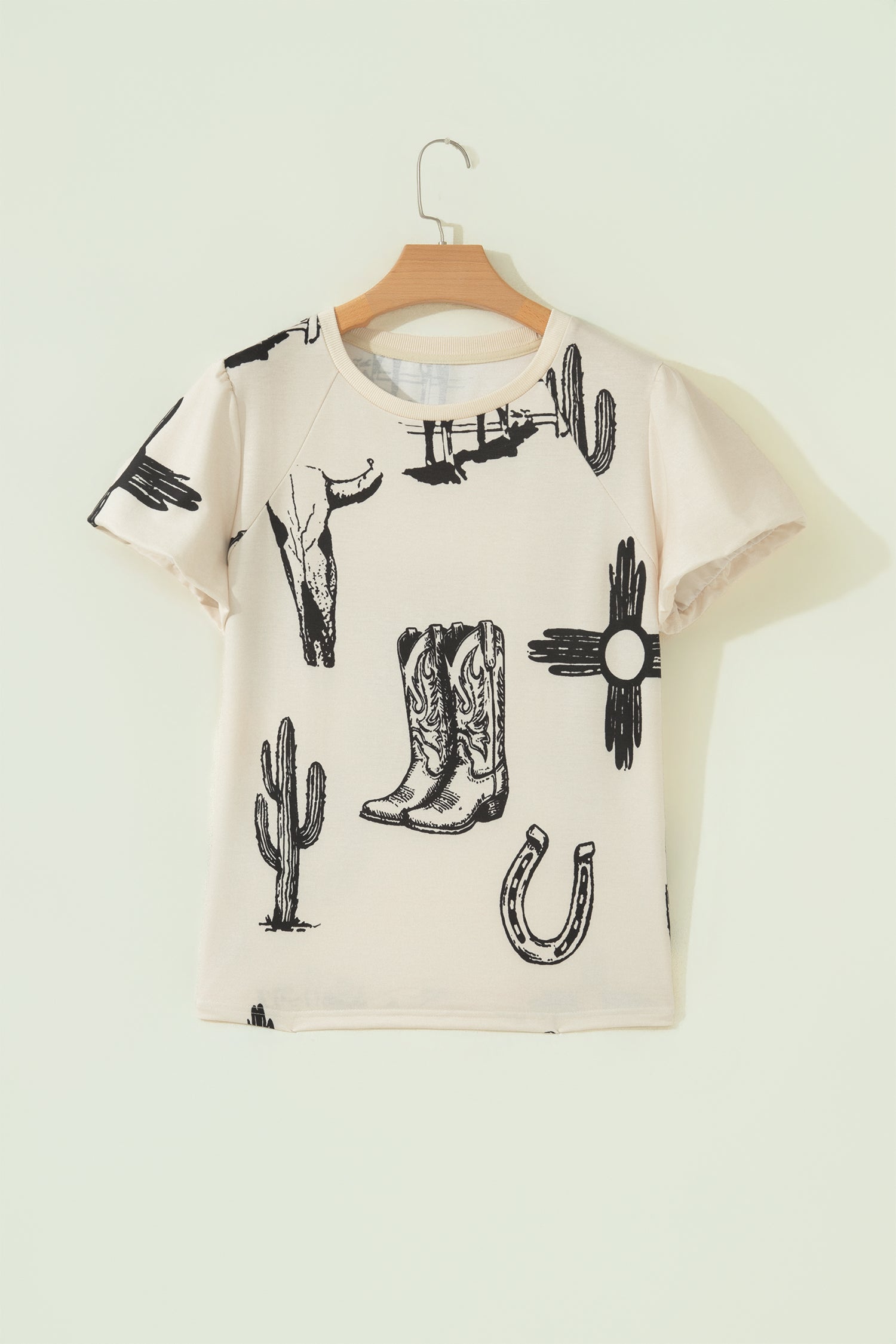 Retro Western Print T Shirt – Beige