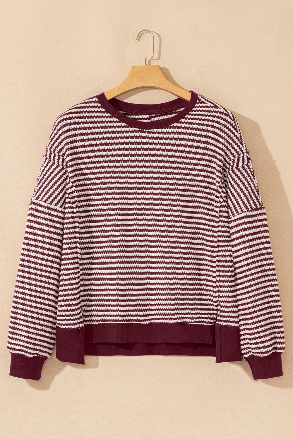 Stripe Ribbed Trim Drop Shoulder Long Sleeve Oversize Top - eAura