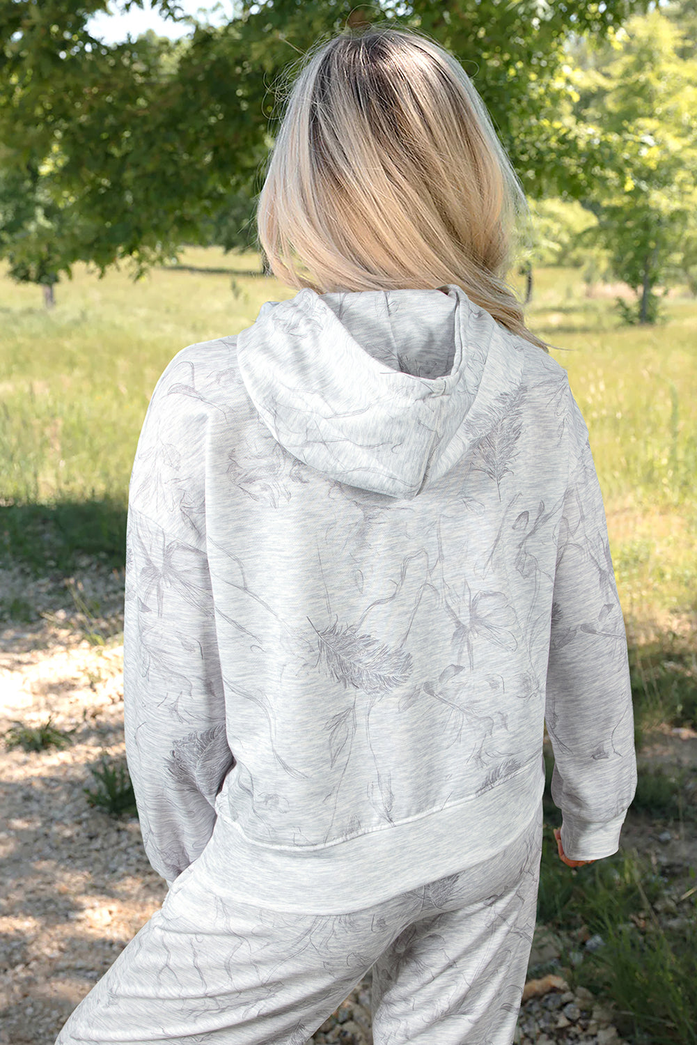 Light Grey Abstract Print Loose Drop Sleeve Hoodie Elastic Waistband 2pcs Pant Set - eAura