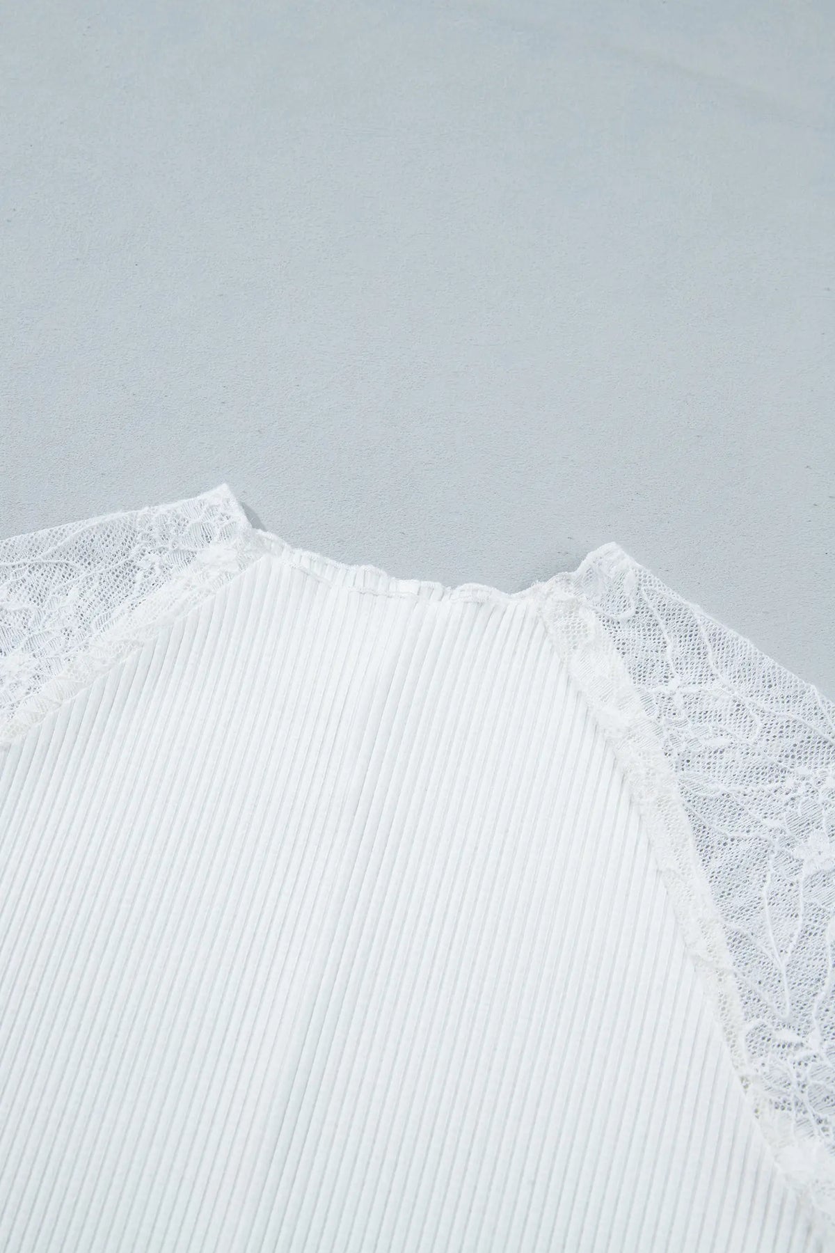 Beige Sheer Lace Long Sleeve Ribbed Slim Top