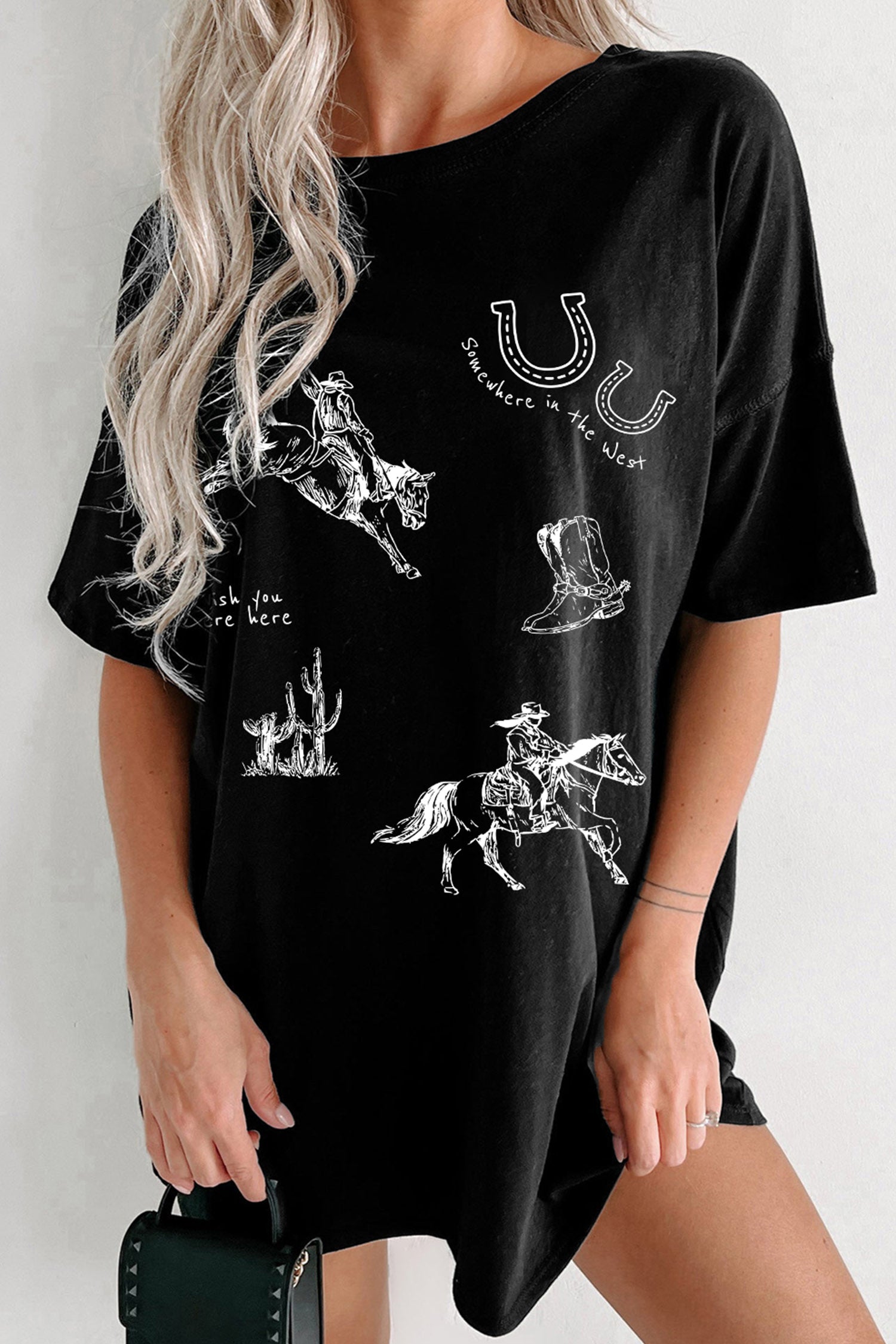 Western Cowboy Print Oversized Tunic Tee – Black
