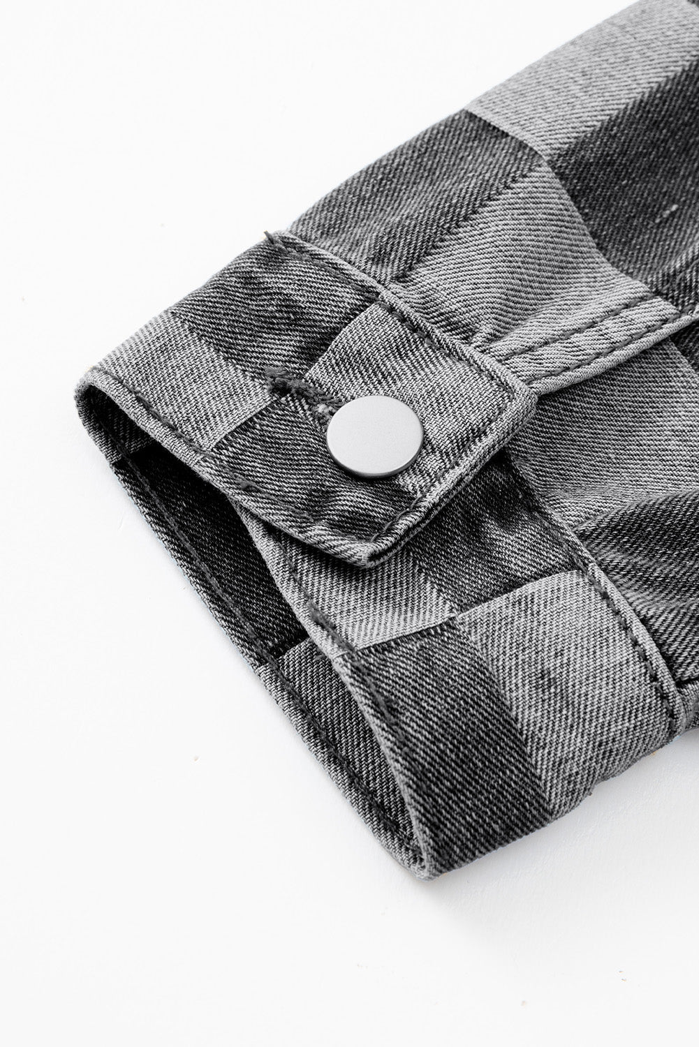 Light Blue Checkered Patchwork Button up Denim Jacket Beagle Boutique Fashion Outlet