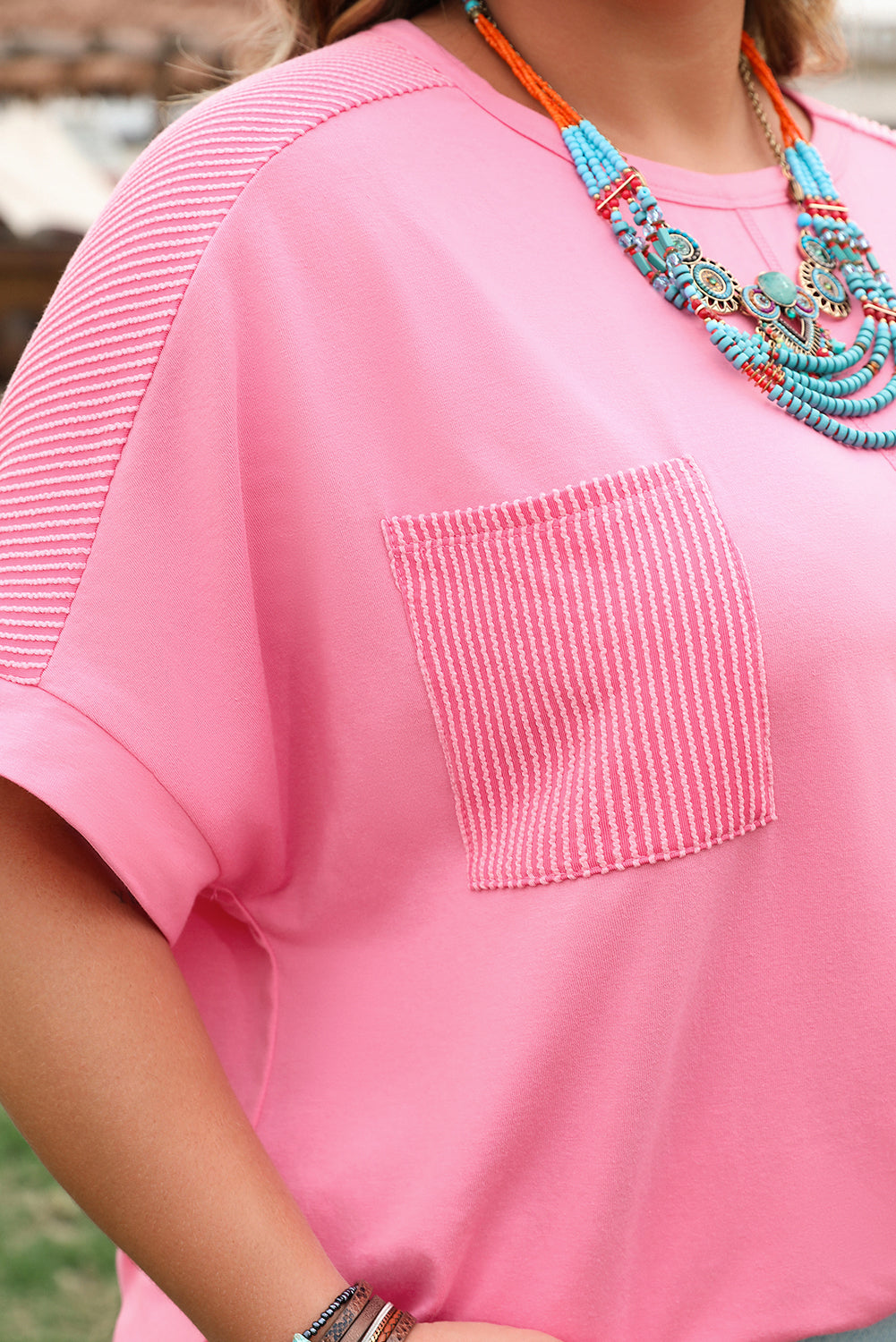 Bonbon Ribbed Patchwork Pocketed Plus Size T Shirt BB Fashion Outlet
