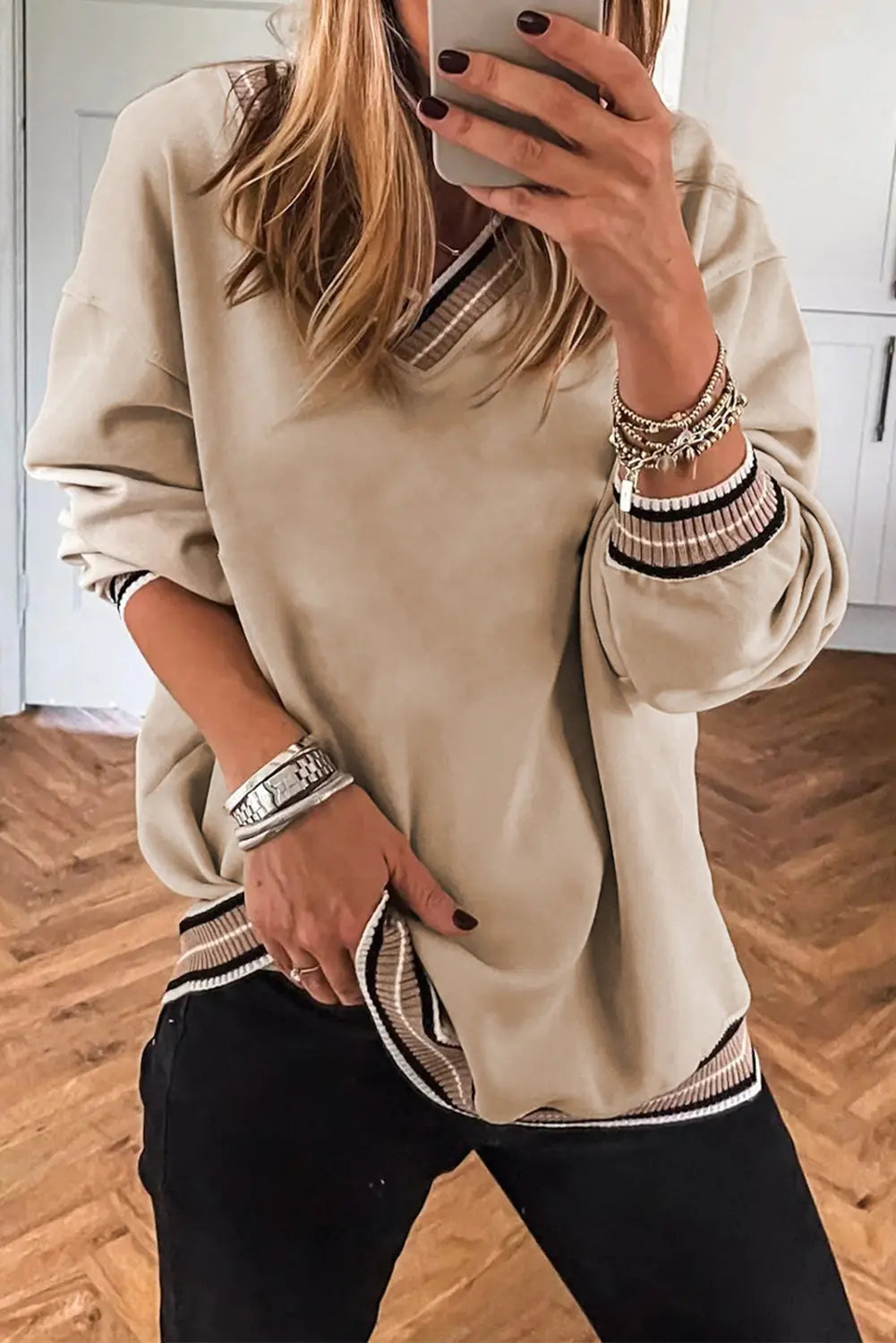 Varsity Contrast Striped Trim V-Neck Sweatshirt - Beige / S - Tops/Sweatshirts & Hoodies