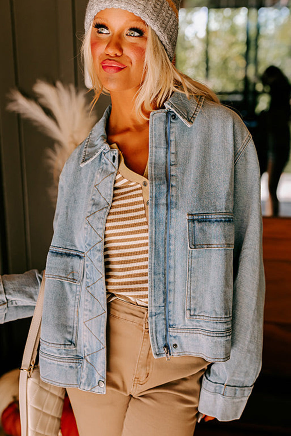 Blue Zip Up Washed Denim Jacket Dear-Lover Dropshipping
