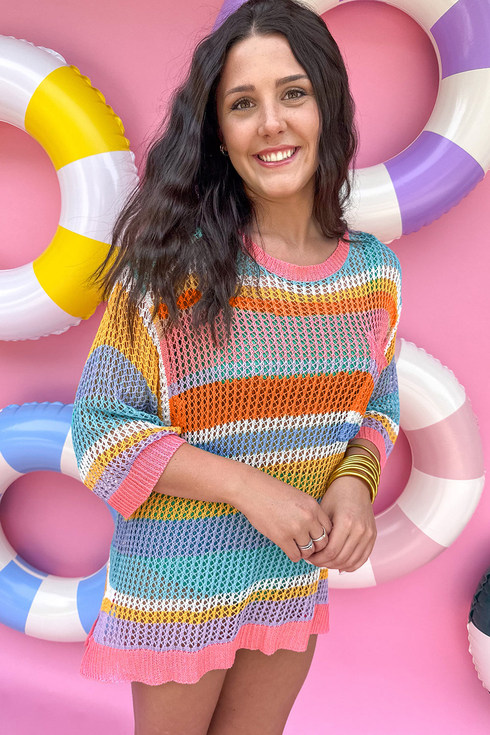Pink Stripe Colourblock Hollowed Crochet 3/4 Sleeve Sweater eAura