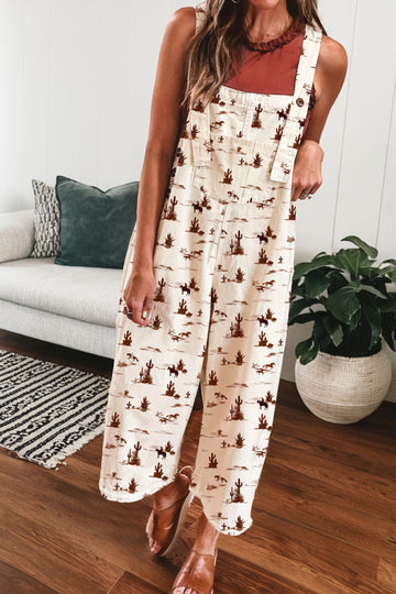 Western Printed Button Adjustable Straps Loose Jumpsuit Dungarees