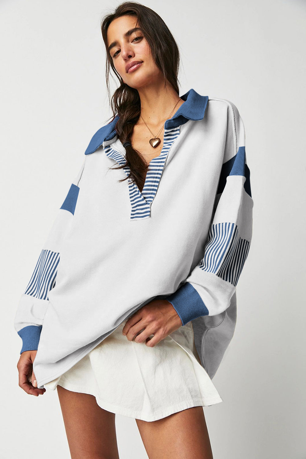 Black Striped Colourblock Patchwork Collar Sweatshirt eAura