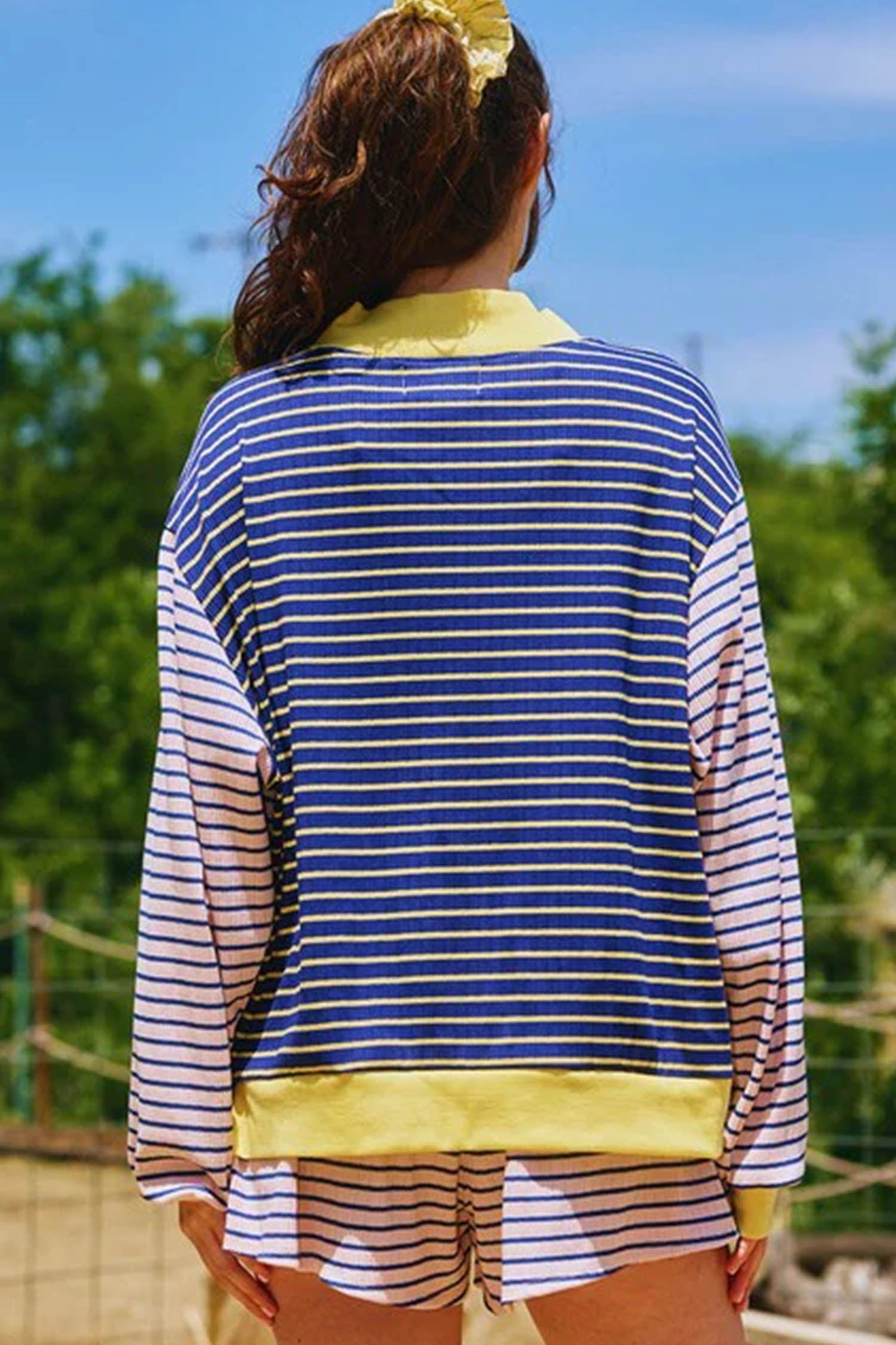 Color Block Long Sleeve Pullover Ribbed Knit Casual Shorts Set – Blue Stripe