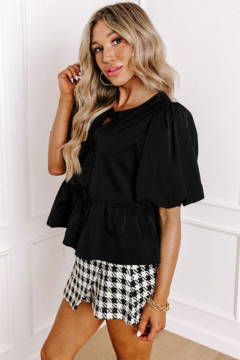 Black Puff Sleeve Bowknot Front Peplum Blouse eAura