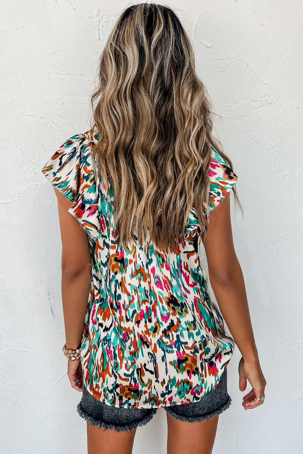 Abstract Print Split Neck Ruffle Sleeve Blouse BB Fashion Outlet