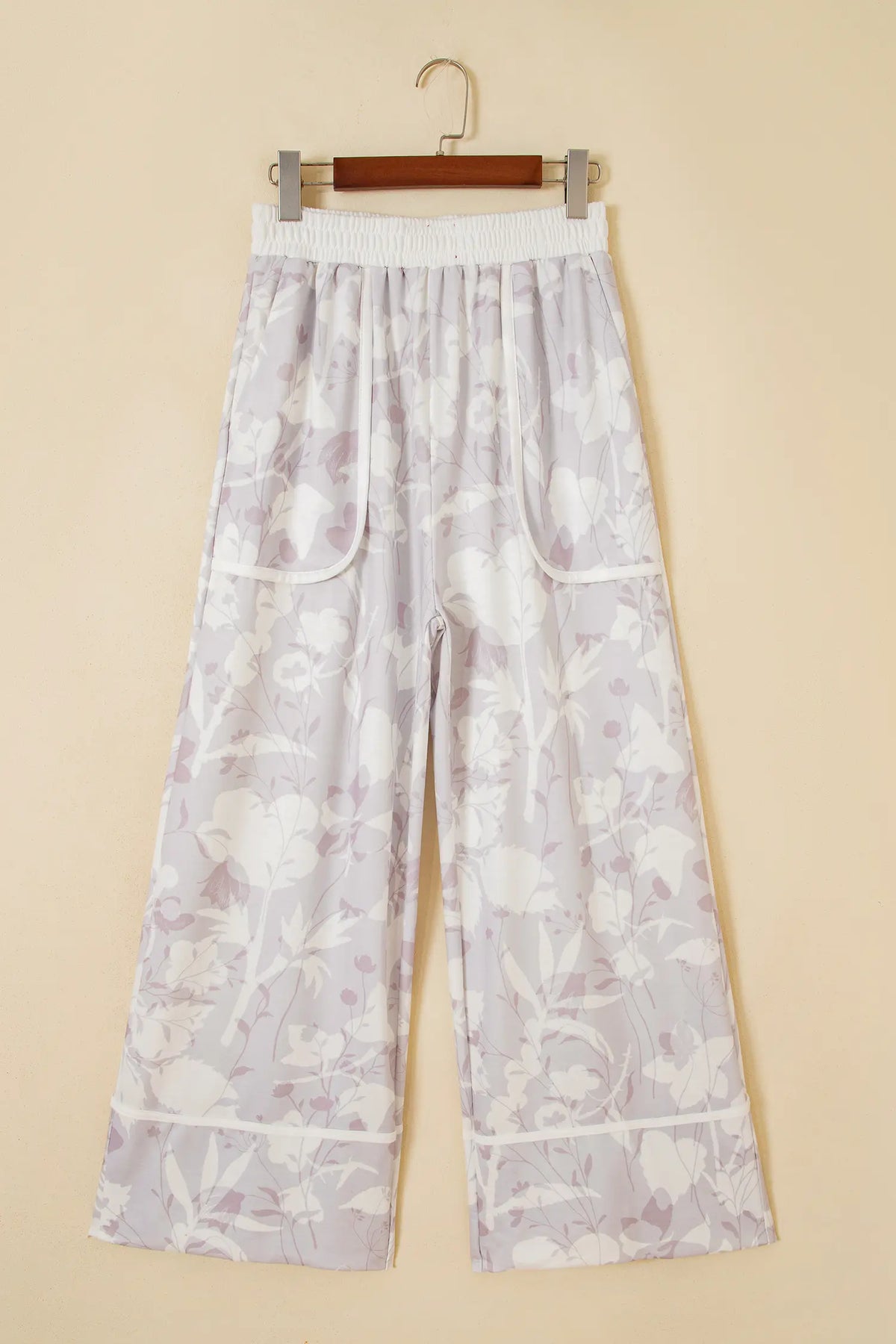 Floral Print Wide Leg Ankle-Length Elastic Waistband Pants – Grey